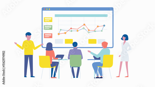 People in a meeting looking at a graph on a screen with laptops and a presenter standing up front