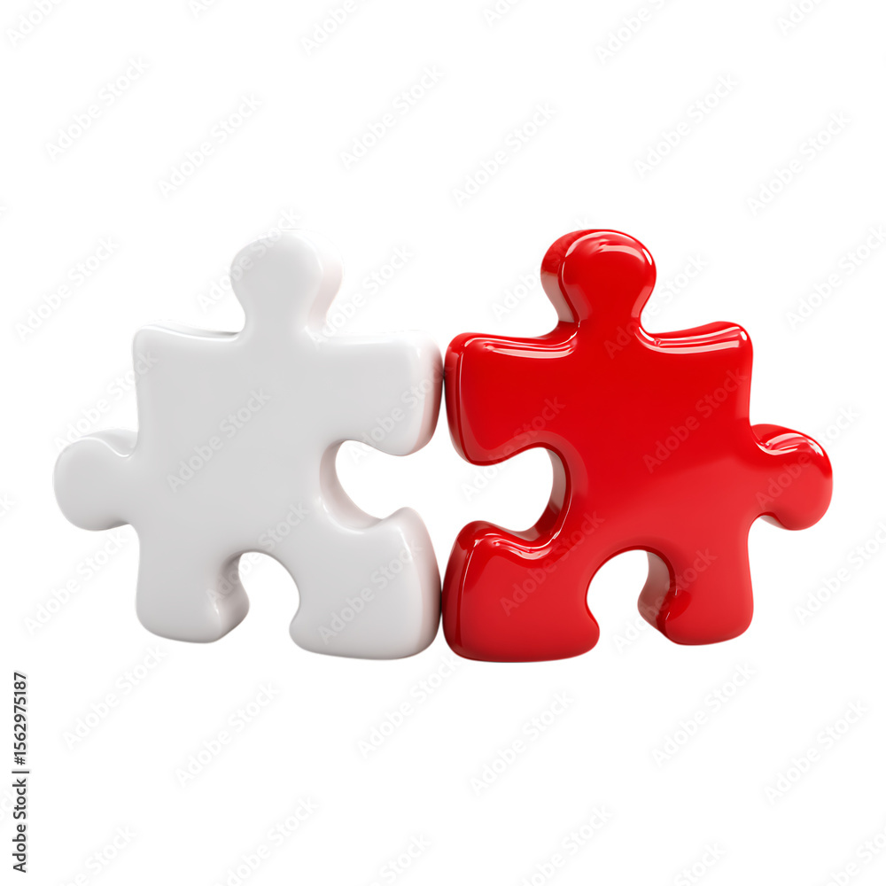Obraz premium Two interlocking puzzle pieces one white and one red isolated on transparent background