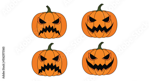 Four Cartoon Pumpkin Jack-o'-Lanterns with Spooky Faces for Halloween Celebration Party