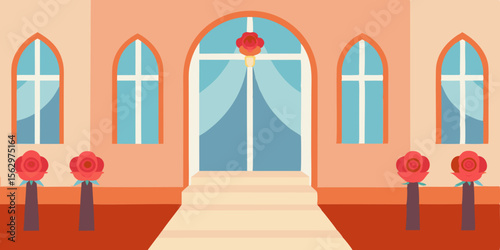 Blue and red house exterior with a wooden fence, featuring a framed window and door on a blue background