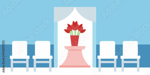 Red and white, red and yellow flowers with red and white vases in an interior room with comfortable furniture, a chair, and a table