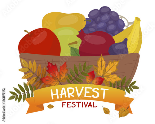 Vibrant vector illustration of a harvest festival basket brimming with autumn fruits, vegetables, and colorful leaves. Includes apples, grapes, bananas, and fall foliage for seasonal celebration.