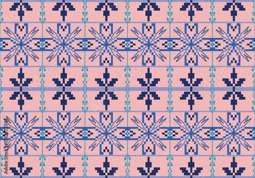 The floral pixel pattern has a blue tone and is a symmetrical pattern with a light pink background, giving a comfortable feeling. 