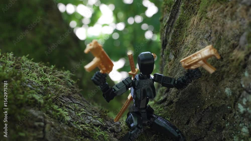Frau im Baum mit Waffen