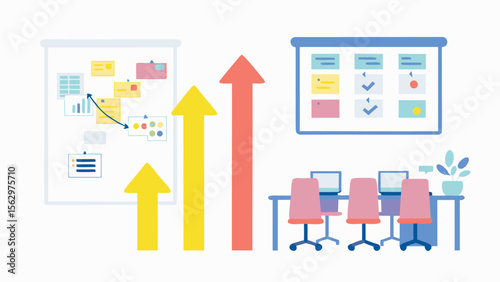 Office setting with boards displaying project progress and upward trending arrows shown here