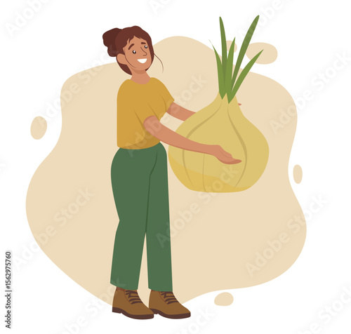 Vector illustration of a smiling woman holding an oversize onion with both hands. The image captures a playful mood, showcasing joy and humor in an animated style.