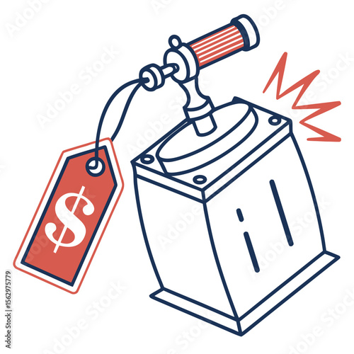 Stylized illustration of a cash register with a price tag attached symbolizing financial transactions and economic activity