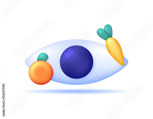 illustration of an eye symbol with orange and carrot. intake and nutrition for eye health. food and vitamins. fruits, support, and treatment. icon or symbol. minimalist 3d style design