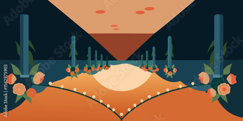 Abstract floral vector illustration with a silhouette cityscape and urban skyline