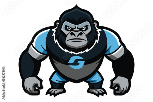 Cartoon gorilla mascot fiercely wears a jersey, glaring intensely in a bold and imposing stance