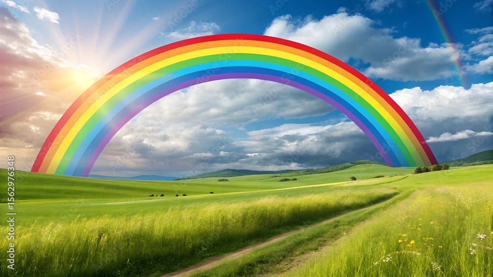 Naklejka premium rainbow over green grass