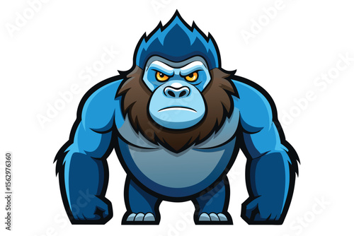 Cartoon blue gorilla stands looking tough with a serious, determined expression on its face