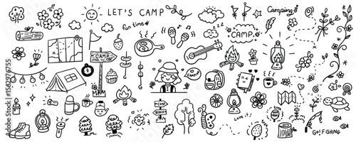 Hand drawn camping element line doodle concept set. Illustration vector design.