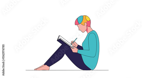 A Person with Rainbow Hair Sketches Something while Sitting on the Floor Quietly