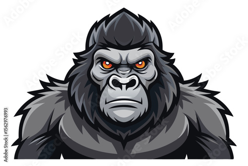 A fierce gorilla with piercing orange eyes stares intensely, its fur a blend of grays