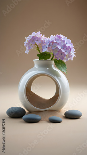 Spa still life with natural stones and delicate pink orchid blossoms in a vase