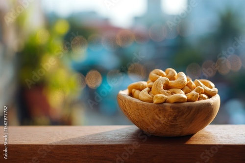 Cashews spill from a wooden bowl atop a ledge with a blurred bokehlit cityscape in the background