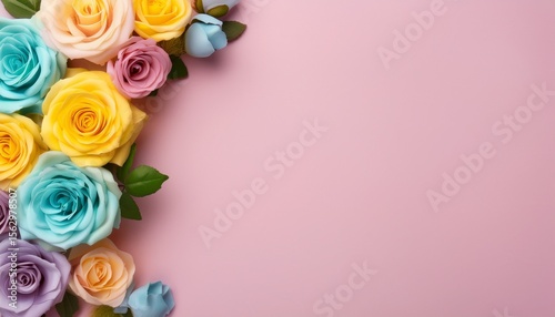 Top view of pastel color yellow, turquoise, colar and lilac rose flowers on pale pink background with copy space. Generated image