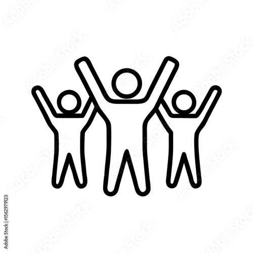 Three people celebrating with raised arms in minimalist icon style  