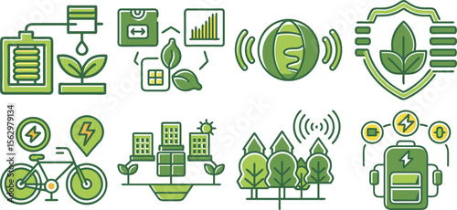 Vector art of a set of green energy icons isolated on transparent background, depicting sustainable technology and ecofriendly urban solutions.