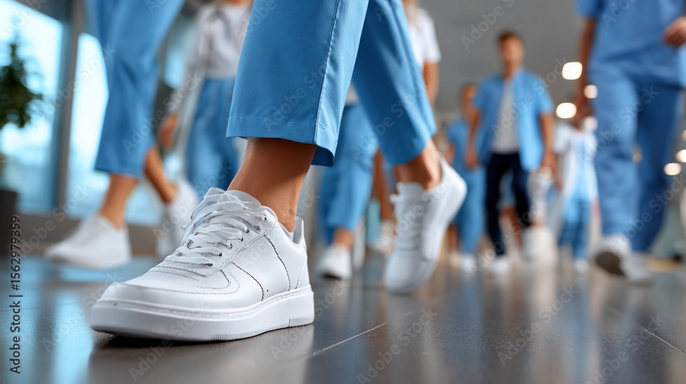 Fototapeta premium Healthcare professionals' feet in scrubs and sneakers walking down a hospital hallway - busy medical team