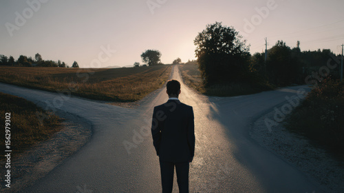 A businessman stands at a fork in the road in Slovenia, contemplating which path to take. The sun rises in the distance, symbolizing a new beginning and the importance of making the right choice.