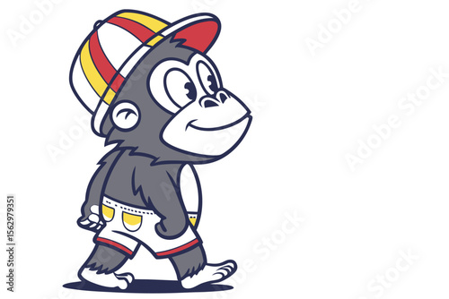 Cartoon gorilla character strolls confidently wearing a cap and shorts in illustration