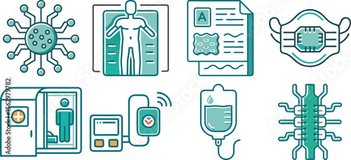 Vector art of a set of teal medical icons isolated on transparent background, illustrating various aspects of healthcare technology.