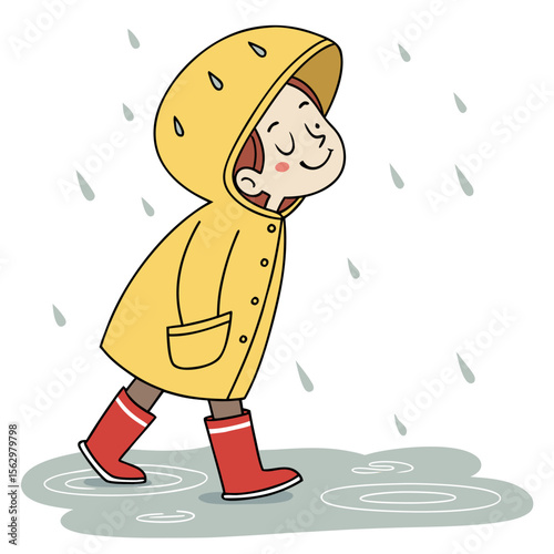 A joyful child wearing a yellow raincoat and red boots walks happily through puddles on a rainy day