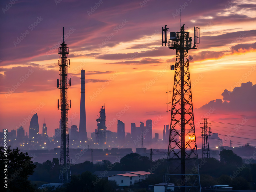 Fototapeta premium Silhouette of an abstract telecommunication tower antenna and satellite dish at sunset sky background