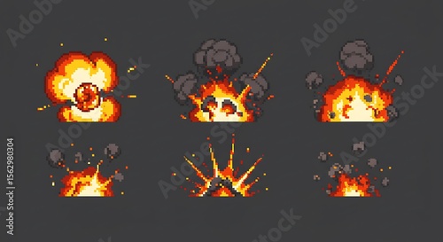 Pixel art explosion set displays dynamic fire effects perfect for retro video game development or graphic designs.