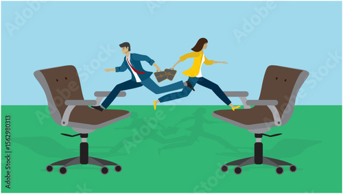 Organization and job change. Woman and man jumping to each others chairs. Dimension 16:9. Vector illustration.