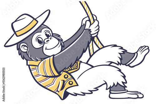 Cartoon monkey happily walks wearing a vest and hat with confident smile