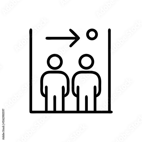 Two people standing in an elevator with exit sign icon concept  