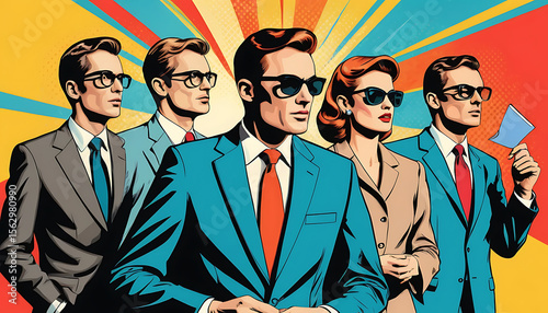 Mid-Century Modern Business Team in Pop Art Style