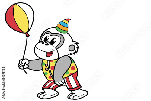 Cartoon gorilla with yellow and red hat raises his arms happily in celebration
