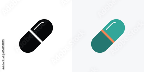 Capsule medicine icons showing a black silhouette and a colored capsule on white