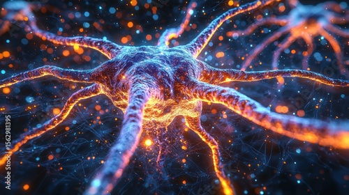 Neuron cell with glowing blue/orange tendrils and particles