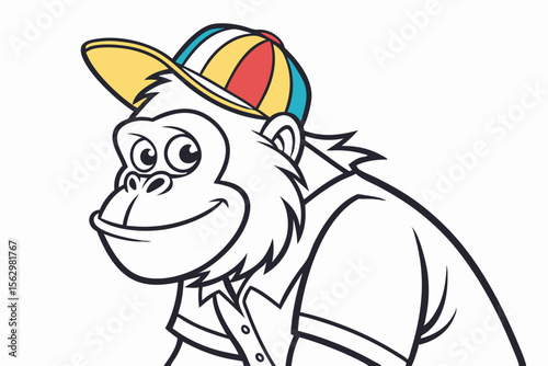 Animated cartoon gorilla wearing blue shorts and red hat poses playfully towards the viewer