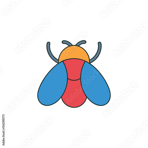 Colorful insect showcases orange, red, and blue hues with prominent wing shapes against a white background