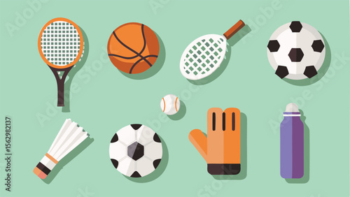 Illustration displaying various sports equipment including balls rackets and protective gear on a green background