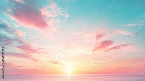 Pastel sky sunset with pink clouds above calm horizon