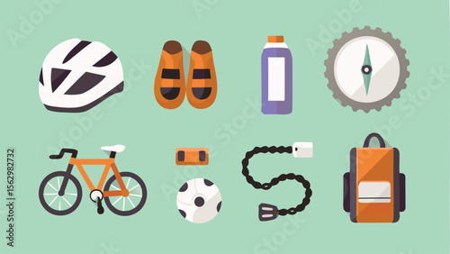 Flat lay illustration of outdoor adventure gear including bike helmet and orange bicycle equipment