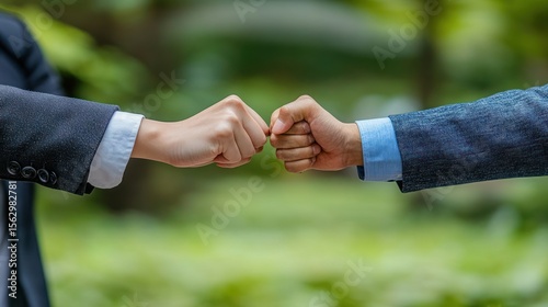 Two business professionals fist bumping outdoors