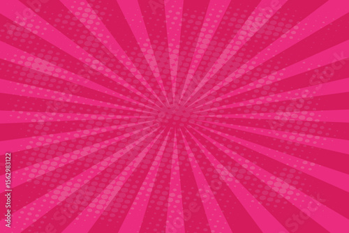 Pop Art pink Sunburst Background with Halftone Dots. Retro Comic Burst Wallpaper for Superhero Text, Poster, or Vintage Cartoon Design.
