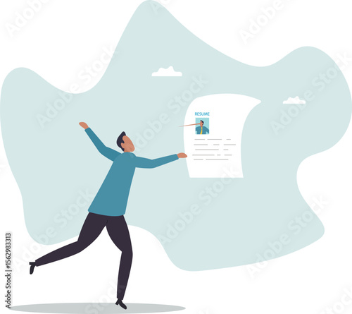 Lying on resume CV to get hired, dishonesty or integrity problem on work experience and career history, fake education degree.character for design.