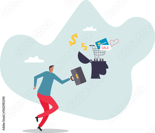 Consumerism, wanting mind or desire to buy and purchasing more, buying therapy or shopping addiction. character for design.