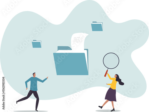Document, content or research paper, documentation file folder storage, character life .