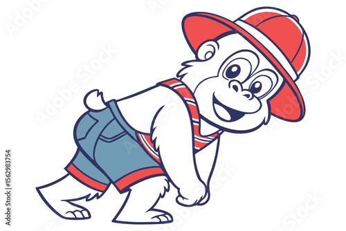 Cheerful cartoon ape with a colorful cap and shirt gives an amusing smile