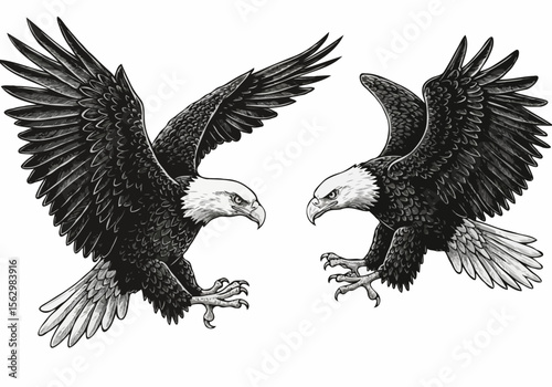 Two majestic bald eagles in flight facing each other with wings spread